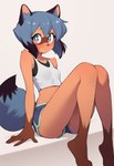 anthro blush bottomwear breasts clothing crop_top female hotpants looking_at_viewer shirt shorts sitting small_breasts solo teenager topwear young foxlover7796 michiru_kagemori canid canine mammal raccoon_dog tanuki hi_res