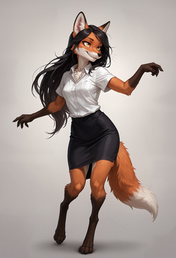 4_toes 5_fingers anthro artois_posting_service barefoot black_bottomwear black_clothing black_hair black_nose black_skirt bottomwear breasts brown_body chest_tuft claws clothed clothing comfyui_(software) countershading digitigrade dipstick_ears dipstick_tail dress_shirt ear_markings eyebrows eyelashes facial_markings feet female fingers flatpiecexlvae_baseona1579_(vae) fur gloves_(marking) hair head_markings inner_ear_fluff leg_markings long_hair markings multicolored_body multicolored_ears multicolored_fur multicolored_tail nai-diffusion-4-full_(model) novaexanimexl_(model) orange_body orange_fur pawpads paws ponystandardvae_v10_(vae) realesrgan_x2_(upscaler) remacri_original_(upscaler) sdxl_vae_fp16_(vae) shirt simple_background skirt smile socks_(marking) solo standing tail tail_markings toe_claws toes topwear tuft white_body white_clothing white_fur white_shirt white_tail_tip white_topwear yellow_eyes crashbandit canid canine fox mammal red_fox digital_media_(artwork) hi_res portrait prompt_metainfo