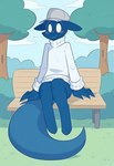 anthro bench big_tail blue_body blue_fur blush bottomless claws clothed clothing fur hair looking_at_viewer male outside park solo sweater topwear vulpine owlfucker kili_(kilinah) canid canine fox mammal invalid_tag absurd_res hi_res