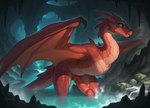 bathing black_sclera cave erection feral genitals green_eyes hot_spring looking_at_viewer male penis red_body red_scales scales solo water nonimousmate dragon wyvern hi_res