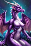 anthro breasts dragon female horn looking_at_viewer nipples non-mammal_breasts non-mammal_nipples nude purple_body scales scalie smile solo wings yellow_eyes