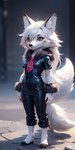 anthro arctic_fox breasts brown_eyes canid canine clothed clothing cosplay disney female fox fur inner_ear_fluff mammal necktie outdoors outside small_breasts solo stone_floor tight_clothing tuft unknown_director white_body white_fur