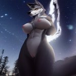 abs anthro areola breasts canid canine canis chest_tuft cosmic_background female fluffy galactic genitals gotadraw head_tuft looking_up mammal multicolored_body muscular muscular_female nipples plant pubes pussy smile smirk solo star thick_thighs tree tuft two_tone_body wolf
