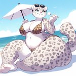 animal_print anthro avian beach big_breasts bikini bikini_bottom bikini_top bird blackgum breasts clothing cloud eyewear felid female flower green_eyes gull lari larid leopard leopard_print mammal navel overweight pantherine plant sea seaside smile snow_leopard solo sunglasses swimwear thick_thighs umbrella water