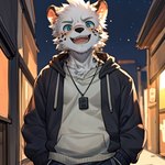 accessory anthro clothing dog_tags evil_grin fangs fur hand_in_pocket hoodie jacket jewelry male necklace night open_mouth pockets shirt smile solo street t-shirt topwear tuft white_body white_fur roaraor felid leopard mammal pantherine