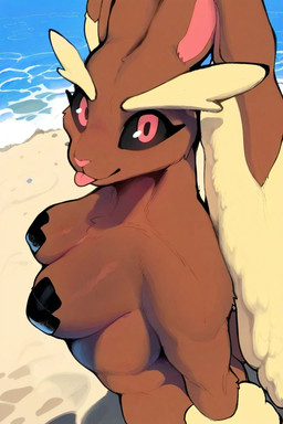 anthro black_sclera blep breasts brown_body brown_fur chubby_anthro chubby_female female fur looking_at_viewer nude pasties presenting slightly_chubby smile solo standing thick_thighs tongue tongue_out wide_hips kbi nintendo pokemon generation_4_pokemon humanoid lopunny pokemon_(species)
