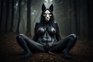 anthro big_breasts black_body black_fur black_hair black_nipples bone breasts female forest fur hair long_hair looking_at_viewer nipples nude nude_female plant sitting_on_ground skull skull_head solo spread_legs spreading tree white_eyes kauket scp-1471-a canid humanoid mammal