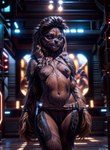 anthro belt black_nipples black_pussy blue_eyes breasts female genitals hi_res inside looking_at_viewer marcus64 navel nipples nude pussy small_breasts solo standing star_wars wookiee