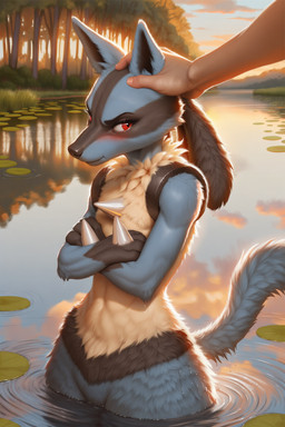 ambiguous_gender blue_body blue_fur cloud duo feral forest fur hand_on_head headpat lake lakeside lily_pad looking_at_viewer nature outside partially_submerged petting plant pouting red_eyes shrub sky solo_focus tree tuft water wet wet_body wet_fur anonymous_director nintendo pokemon canid canine canis generation_4_pokemon human lucario mammal pokemon_(species) hi_res