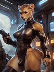 anthro brown_body brown_fur bulge fangs fur genital_outline gun gynomorph handgun holding_object intersex ranged_weapon red_eyes science_fiction small_waist solo weapon gemuseachmed felid lion mammal pantherine absurd_res hi_res