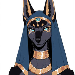 anthro bedroom_eyes black_body black_ears black_fur black_nose blue_eyes choker circlet clothed clothing egyptian egyptian_clothing eye_markings eyelashes eyeshadow facial_markings female female_anthro front_view fur glistening gold_(metal) gold_jewelry grey_body grey_fur head_markings headdress headgear headwear jewelry lips long_neck looking_at_viewer makeup markings mouth_closed multicolored_body multicolored_fur narrowed_eyes necklace pupils seductive simple_background smile snout solo tuft whiskers white_background yellow_markings unknown_director anubian_jackal canid canine canis deity jackal mammal bust_portrait headshot_portrait hi_res portrait