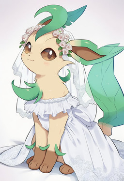 blush blush_lines brown_eyes clothing dress female feral flower fur leg_markings looking_at_viewer markings plant simple_background sitting socks_(marking) solo tail tan_body tan_fur wedding_dress kaigamiaikemono nintendo pokemon eeveelution generation_4_pokemon leafeon pokemon_(species) 2025 hi_res