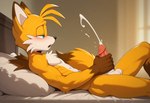 2_tails abs anthro athletic athletic_anthro athletic_male balls bed bedroom blush bodily_fluids cum cum_on_hand cum_on_penis ejaculation eyes_closed furniture genital_fluids genitals humanoid_genitalia looking_pleasured lying lying_on_bed male masturbation multi_tail muscular muscular_male on_bed orgasm_face penile penile_masturbation penis sitting solo solo_focus sweat thyuy8 sonic_the_hedgehog_(series) miles_prower canid canine fox mammal