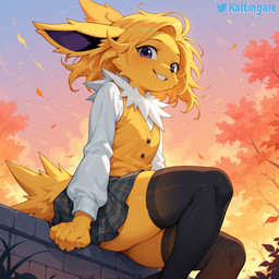 5_fingers absolute_territory ambiguous_gender anthro blonde_hair blush bottomwear cheek_tuft claws clothed clothing cute_fangs facial_tuft fingers fur grass hair happy legwear long_sleeves looking_at_viewer low-angle_view neck_tuft outside plant purple_eyes shirt short_hair side_view sitting skirt sky smile solo spiked_tail spikes spikes_(anatomy) teeth thigh_highs topwear tree tuft vest wall_(structure) yellow_body yellow_fur kaltingale_(director) nintendo pokemon eeveelution generation_1_pokemon jolteon pokemon_(species) hi_res signature