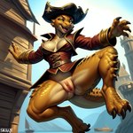 anthro bottomless breasts clothed clothing countershading female genitals jumping nipple_slip nipples non-mammal_breasts non-mammal_nipples pirate pirate_hat pussy scales ship solo tan_body tan_countershading vehicle watercraft yellow_body yellow_eyes yellow_scales denis0k dragon scalie 1:1 attempted_signature colored