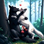 <3 anatomically_correct anatomically_correct_genitalia animal_genitalia animal_penis balls blush bodily_fluids canid canine canine_genitalia canine_penis canis claws detailed detailed_background detailed_fur director_firewolf duo feral forest frottage genital_fluids genitals grass hi_res hugging kissing knot looking_at_another male male/male mammal novelai pawpads paws penis plant precum rock sex sitting_on_ground toe_claws tree wolf