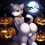 anthro balls butt fur genitals green_eyes grey_body grey_fur halloween jack-o'-lantern male solo yellow_sclera candougie acenix domestic_cat felid feline felis mammal