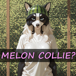 anthro black_body black_fur black_nose blue_eyes breasts cheek_tuft clothed clothing detailed_background eyebrows eyelashes facial_tuft female food front_view fruit fur hair hat headgear headwear long_hair looking_at_viewer melon multicolored_body multicolored_fur outside plant shirt smile solo standing text tongue topwear tuft watermelon white_body white_clothing white_fur white_hair white_shirt white_topwear vittelbone_director meme_2026 border_collie canid canine canis collie domestic_dog herding_dog mammal pastoral_dog sheepdog english_text hi_res portrait