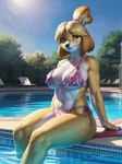 accessory anthro big_breasts bikini breasts canid canine canis clothing countershading domestic_dog female hair_accessory hi_res isabelle_(animal_crossing) mammal nsfjerk outside partially_submerged pool shih_tzu solo swimwear thick_thighs toy_dog yellow_body