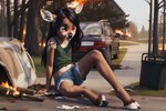 anthro black_hair bottomwear cervid clothing cub female fire hair hooves long_hair maiya mammal orange_eyes scared shirt shorts solo topwear venison venisoncreampie wide_eyed young