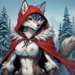 anthro areola belt breasts canid canine canis clothed clothing female forest front_view fur grey_body grey_fur harness hood little_red_riding_hood mammal medium_breasts multicolored_body multicolored_fur navel neutron_alchemist nipples partially_clothed plant red_eyes smile snow solo standing tree two_tone_body two_tone_fur two_tone_tail white_body white_fur winter wolf