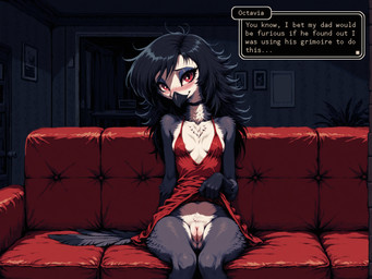 anthro choker clothed clothing clothing_lift dress dress_lift female flashing flashing_pussy genitals jewelry necklace nipple_slip pussy retro solo text_box upskirt arantonak helluva_boss octavia_(helluva_boss) avian bird demon owl absurd_res digital_media_(artwork) hi_res pixel_(artwork)