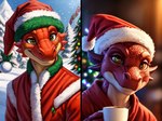 anthro beverage christmas_clothing clothing container cup glowing glowing_eyes green_eyes holiday_theme male red_body red_clothing smile smiling_at_viewer smirk dimot animal_humanoid dragon dragon_humanoid humanoid kobold scalie detailed portrait