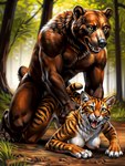 absurd_res anthro breasts cattorihanzo doggystyle domestic_cat duo felid feline felis female forest from_behind_position hi_res interspecies male male/female mammal medium_breasts outdoors outside plant sex sharp_teeth smile stable_diffusion stripes teeth tree ursid