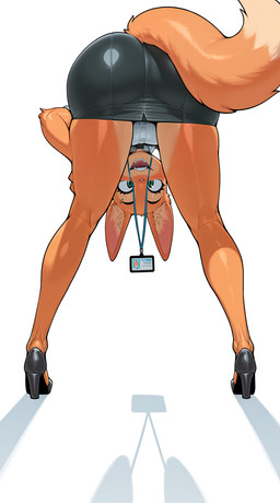 anthro between_legs bottomwear clothing female footwear green_eyes happy high_heels lanyard looking_back open_mouth rear_view shirt simple_background skirt smile solo tail teeth topwear upside_down white_background ahogagu the_bad_guys diane_foxington canid canine fox mammal hi_res