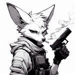 anthro canid canine cigarette clothing fennec fox gun lucifluffy male mammal ranged_weapon solo techwear weapon wilek