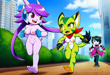 anthro barefoot black_hair blush bodily_fluids bottomwear breasts chasing clothed clothing embarrassed feet female female/female fingerless_gloves fingers fur genitals gloves green_body green_eyes green_fur group hair handwear humanoid_genitalia jogging long_hair medium_breasts mostly_nude mythology nipples nude open_mouth outside park plant public public_exposure public_nudity purple_body purple_clothing purple_eyes purple_hair purple_skin pussy royalty running scarf shocked shoulder_armor shrub sky skyscraper smile streaking surprise sweat tongue topwear trio tuft white_body white_fur boxen549 freedom_planet galaxytrail carol_tea neera_li sash_lilac aquatic_dragon dragon felid feline felis giant_panda mammal marine mythological_creature mythological_scalie scalie ursid wildcat