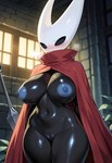 anthro black_eyes blush bodily_fluids breasts breath clothing female genitals inside mostly_nude navel nipples no_pupils non-mammal_breasts non-mammal_nipples pussy red_clothing solo sweat thick_thighs weapon dazer24 hornet_(hollow_knight) animal_humanoid arthropod arthropod_humanoid humanoid hi_res