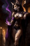 absurd_res anthro armor belt bracers breasts butt canid canine canineluvr19 canis cleavage clothed clothing collar coyote female fire fur hair hi_res jewelry long_hair magic mammal necklace night pauldron robe seductive solo solo_focus street_lamp tan_body tan_fur