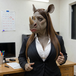 anthro brunette female grey_body grey_skin horn office office_clothing solo girlswithsnouts mammal rhinocerotoid hi_res