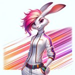 abstract_background anthro belt body_suit bracelet clothing female fur hand_in_pocket jewelry pink_eyes pink_inner_ear pockets solo sport white_body white_fur lagomorph leporid mammal rabbit