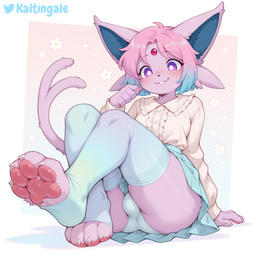 anthro blouse blue_hair blush bottomwear bulge claws clothed clothing feet femboy flower foot_focus front_view gradient_hair hair legwear male panties pawpads paws pink_hair plant presenting purple_eyes short_hair simple_background sitting skirt smile solo tail thigh_highs topwear underwear kaltingale_(director) nintendo pokemon eeveelution espeon generation_2_pokemon pokemon_(species) hi_res