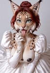 anthro black_nipples breasts clothing dress exposed_breasts female gloves green_eyes hair hair_bun handwear looking_at_viewer nipples puffy_sleeves solo tongue tongue_out upper_body wedding wedding_dress corsetlover69 natasha_(corsetlover69) felid feline lynx mammal hi_res