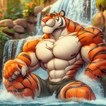 abs anthro claws clothing felid male mammal muscular nipples pantherine plant solo tiger underwear water waterfall zidanes123