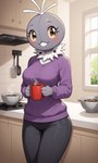 anthro beverage bottomwear breasts clothing coffee coffee_mug denim denim_clothing female fur jeans kitchen pants solo gobabsnow nintendo pokemon generation_6_pokemon pokemon_(species) scatterbug invalid_tag absurd_res hi_res