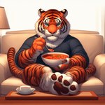 anthro black_stripes blue_eyes bottomless bowl clothed clothing container cup felid food fur furniture male mammal markings nikkolaus on_sofa on_table orange_body orange_fur overweight pantherine pawpads paws shirt shirt_only sitting sitting_on_sofa sofa solo soup striped_body striped_fur striped_markings striped_tail stripes sweater table tail_markings tiger topwear topwear_only