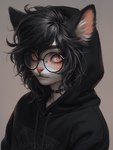 anthro black_clothing black_hair blush choker clothing eyebrows eyeliner eyewear freckles fur glasses hair hoodie inner_ear_fluff jewelry looking_at_viewer makeup male medium_hair necklace orange_eyes round_glasses simple_background solo teeth topwear tuft wavy_hair whiskers white_body white_fur sappy_(director) felid feline mammal hi_res shaded