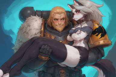 adeptus_astartes animal_skin anthro armor beard belt blonde_hair blush bottomwear bulky carrying_another carrying_partner claws clothed_female clothed_male clothing collar crossed_arms duo facial_hair female fur gold_(metal) grey_body grey_fur grumpy hair legwear light-skinned_male long_hair looking_at_another looking_at_partner looking_away male male/female ornaments pauldron pouch_(clothing) red_sclera science_fiction shorts skull_accessory smile space_marine space_wolves spiked_collar spikes standing thigh_highs warhammer_(franchise) white_body white_eyes white_fur kotcfacu_(director) hellaverse helluva_boss warhammer40k loona_(helluva_boss) canid canid_demon demon hellhound human mammal