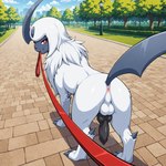 animal_genitalia animal_penis anus balls black_penis canine_penis feral first_person_view fur genitals horn leash leash_in_mouth leashed_pov male object_in_mouth park penis rear_view red_eyes smile smirk solo white_body white_fur cartuniverse absol generation_3_pokemon pokemon_(species) hi_res