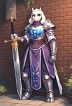 anthro armor armored_boots belt belt_buckle breastplate brick_wall clothed clothing fangs female fur horn long_ears melee_weapon plant plate_armor shoulder_pads solo sword undertale_(series) wall_(structure) weapon white_body white_fur tamrad toriel boss_monster bovid caprine goat mammal absurd_res hi_res