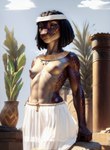 anthro black_hair bottomwear breasts clothed clothing egyptian female hair hi_res jewelry kobold looking_at_viewer marcus64 navel nipples red_body red_scales scales scalie skirt small_breasts solo standing topless