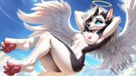 absurd_res alternate_eye_color angel anthro armpit_showing blue_sclera blue_sky breasts butt canid canine canis cloud cloudscape feathered_wings feathers feet female floating fur grey_body grey_fur grey_hair hair halo hands_behind_head hi_res looking_at_viewer loona_(helluva_boss) mammal multicolored_body nipples nude pawpads seductive sky smile solo two_tone_body vince_ai watermark white_body white_eyes white_fur wings wolf