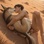 bestiality desert duo embrace female female_penetrated feral from_behind_position human_on_feral interspecies kissing male male/female penetration sex spoon_position spooning vaginal vaginal_penetration agri_yob canid canine canis human jackal mammal hi_res