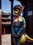 anthro asian_clothing black_hair breasts city city_background clothed clothing female green_body green_scales hair hi_res kobold marcus64 nipples non-mammal_breasts non-mammal_nipples partially_clothed pink_nipples scales scalie short_hair small_breasts solo yellow_body yellow_scales