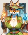 4_fingers anthro belt big_breasts black_nose breasts canid canine chest_tuft claws cleavage clothed clothing countershading elemental_manipulation fangs female fingers fox freckles front_view fur grin hat headgear headwear hi_res looking_at_viewer magic magic_user mammal nipple_outline orange_body orange_eyes orange_fur portrait smile solo tuft white_body white_countershading wiinter