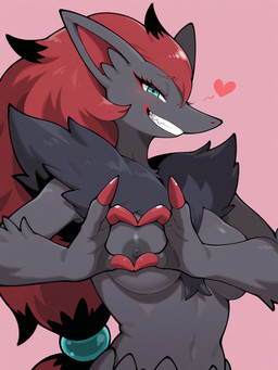 <3 areola black_areola black_body black_fur black_nipples blue_eyes breasts claws eyelashes female finger_claws fingers fur gesture grey_areola grey_body grey_fur grey_nipples grin hair hand_heart looking_at_viewer medium_breasts navel nipples nude pink_background red_hair simple_background smile solo teeth tuft unknown_director nintendo pokemon canid canine generation_5_pokemon mammal pokemon_(species) zoroark hi_res